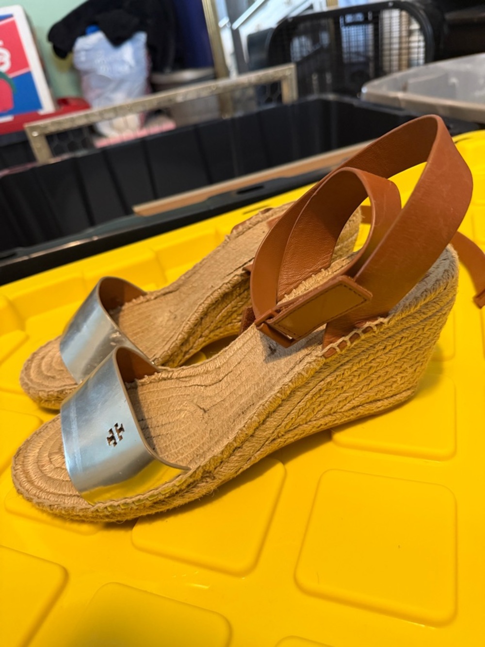 Tory Burch Wedge Espadrille Sandals with Metallic Toe and Brown Strap